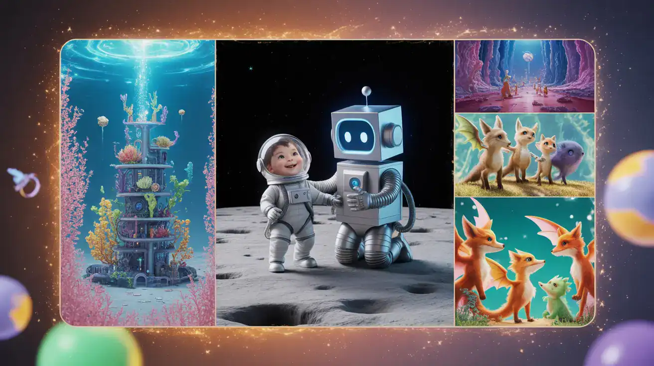 Collection of creative AI-generated images made by children using Bing and Leonardo AI tools