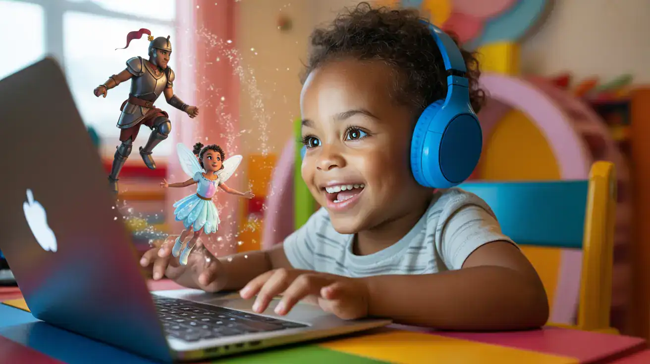 African child with headphones creating AI-powered story narration using ChatGPT for kids AI course