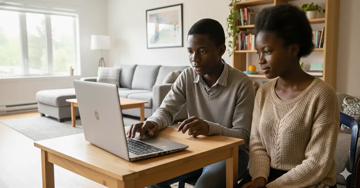 Nigerian teenage boy and girl learning practical AI skills online using a laptop at home, creating digital projects with AI tools like text and image generation at 9jacodekids Academy